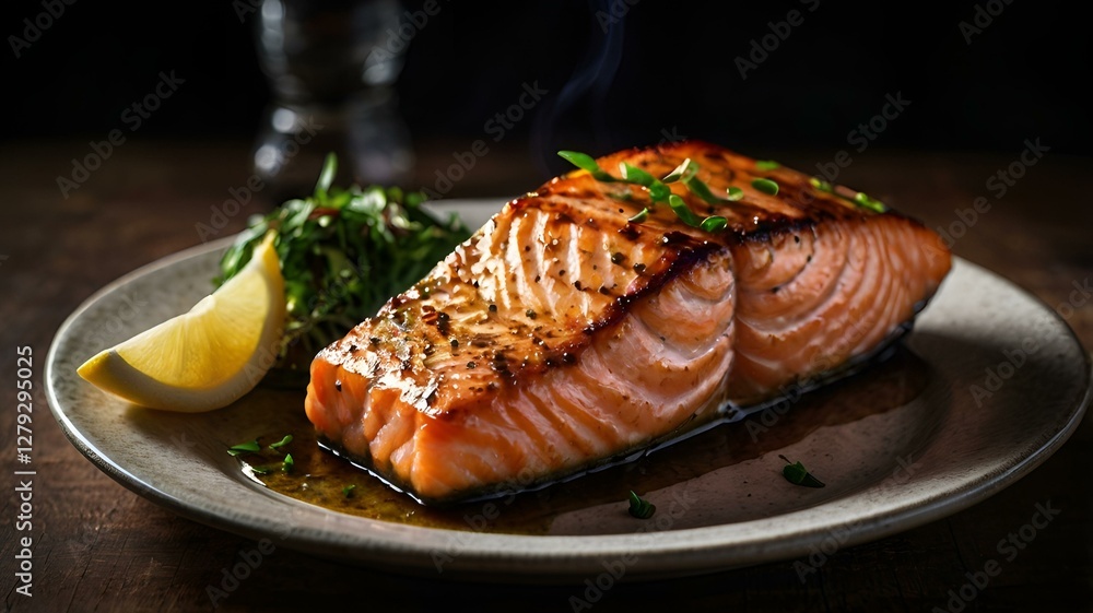 A moody food photography shot of a perfectly grilled salmon fillet, with strong directional lighting creating deep shadows and highlights, enhancing the fish's flaky texture