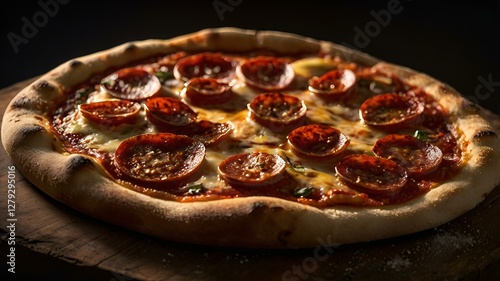 A moody food photography shot of a homemade wood-fired pepperoni pizza, with strong directional lighting creating deep shadows and highlights, enhancing the charred crust's blistering and the pepperon photo