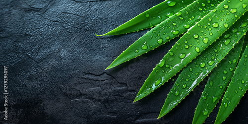 Fresh aloe vera leaves with water droplets on dark slate surface