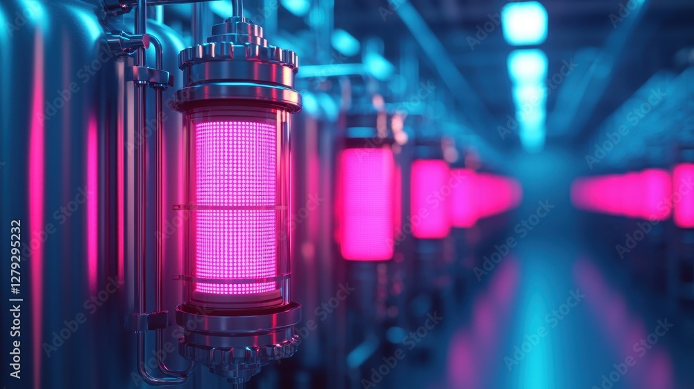 A futuristic corridor lined with glowing pink and blue tanks, creating a vibrant and high-tech atmosphere. A futuristic corridor lined with glowing pink and blue tanks, creating a vibrant and high-tech atmosphere.
