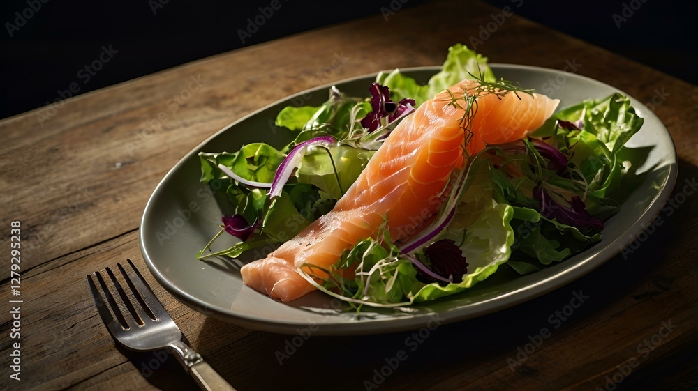 A moody food photography shot of a freshly tossed salad topped with delicate slices of smoked salmon, with strong directional lighting creating deep shadows and highlights, enhancing the crispness of