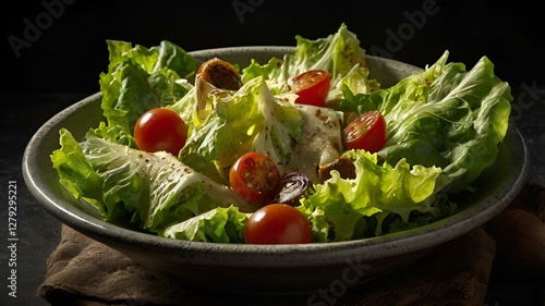 Obraz na płótnie A moody food photography shot of a freshly tossed Caesar salad, with strong directional lighting creating deep shadows and highlights, enhancing the crispness of the lettuce w salonie