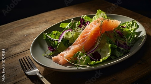 Obraz na płótnie A moody food photography shot of a freshly tossed salad topped with delicate slices of smoked salmon, with strong directional lighting creating deep shadows and highlights, enhancing the crispness of w salonie