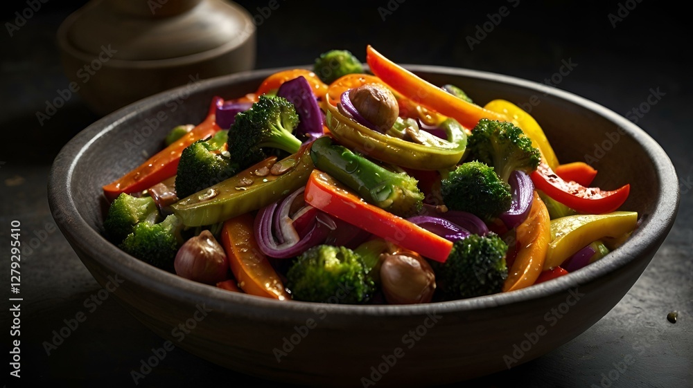 A moody food photography shot of a colorful vegetable stir-fry, with strong directional lighting creating deep shadows and highlights, enhancing the ingredients' vibrant colors