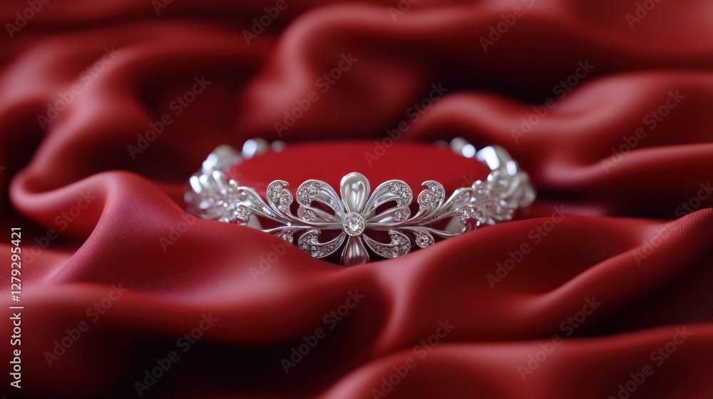 Elegant tiara on red silk fabric backdrop Elegant tiara on red silk fabric backdrop