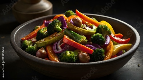 Obraz na płótnie A moody food photography shot of a colorful vegetable stir-fry, with strong directional lighting creating deep shadows and highlights, enhancing the ingredients' vibrant colors w salonie
