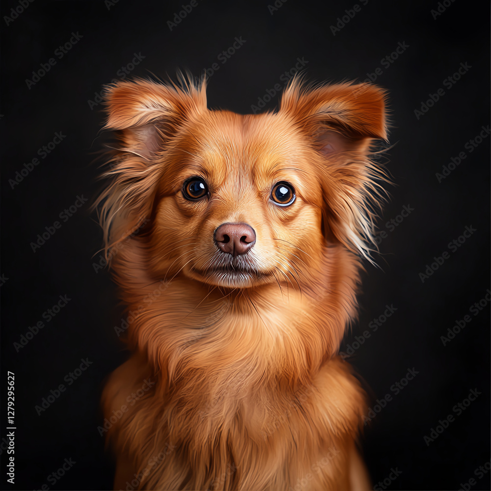 stunning portrait of fluffy dog with expressive eyes and warm, golden coat, set against dark background, showcasing its charming features and personality