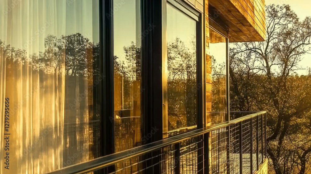 Fototapeta premium Stylish modern home bathed in warm golden hour light with glowing glass reflections