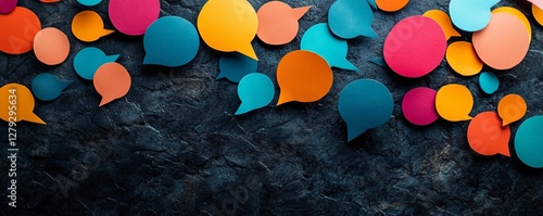 Multicolored paper speech bubbles scattered on a dark textured background, symbolizing diverse communication, social media dialogue, and community