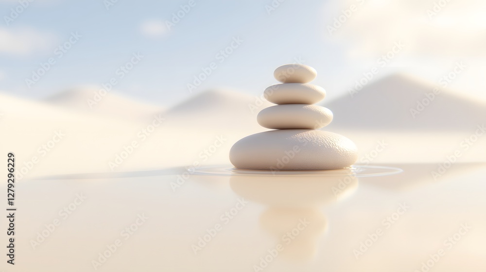 Stacked Stones Reflecting in Calm Water and Sand Dunes in Background Under Bright Sky Stacked Stones Reflecting in Calm Water and Sand Dunes in Background Under Bright Sky