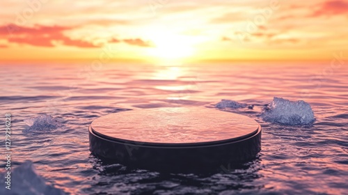 Sunset Seascape with Floating Platform and Ice