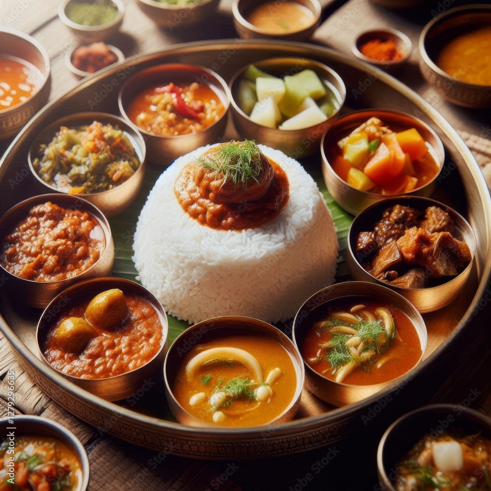 Close-up view of a traditional Nepalese or Indian thali, a platter containing various small dishes.
Close-up view of a traditional Nepalese or Indian thali, a platter containing various small dishes.