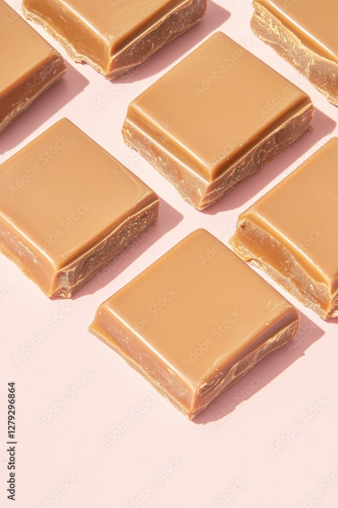 Fototapeta premium Delicate caramel bars arranged neatly on soft pink backdrop, inv