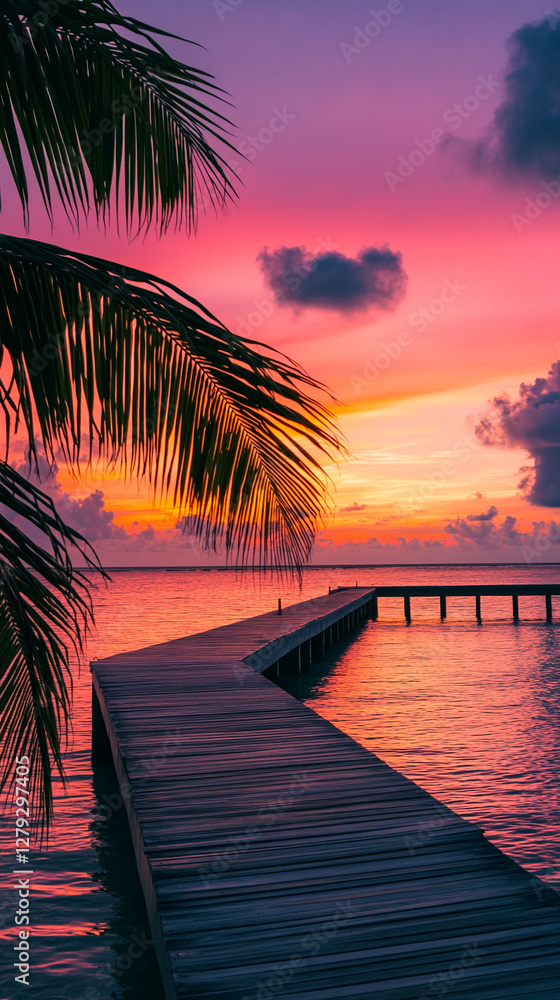 Fototapeta premium Wooden dock leading into the sea at sunset, with a vibrant sky and palm leaves framing the scene, symbolizing tranquility, beauty, and tropical escape