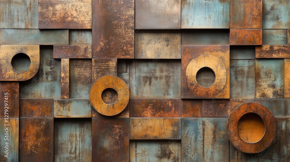 Decorative metal wall panel with geometric shapes and perforations for a modern look. Decorative metal wall panel with geometric shapes and perforations for a modern look.