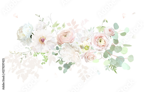Pink ranunculus, white peony, blush pink rose, magnolia, green hellebores, eucalyptus, sage greenery vector design wedding spring bouquet. Floral summer watercolor. Elements are isolated and editable