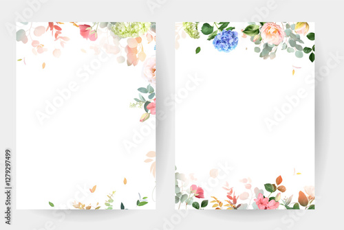 Summer garden greenery banner with leaves and flowers. Spring tulips, hydrangea, rose, hyacinth, wildflowers and plants. Botanical frame design. Vector card. All elements are isolated and editable.