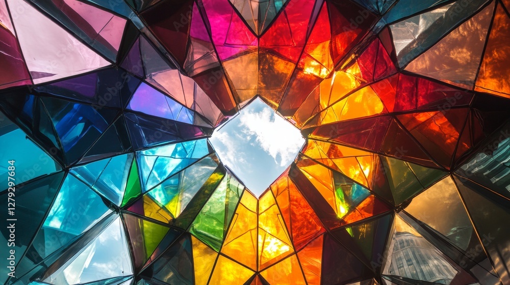 Vibrant rooftop design featuring colorful glass canopy creating playful light patterns Vibrant rooftop design featuring colorful glass canopy creating playful light patterns