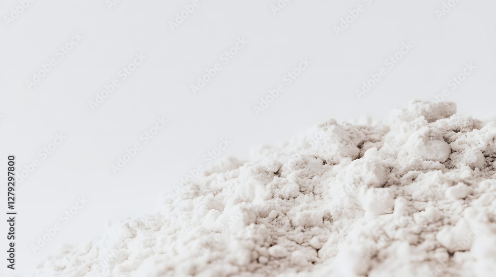 Close up of White Fine Powder Pile on a White Surface in Bright Studio Lighting Close up of White Fine Powder Pile on a White Surface in Bright Studio Lighting