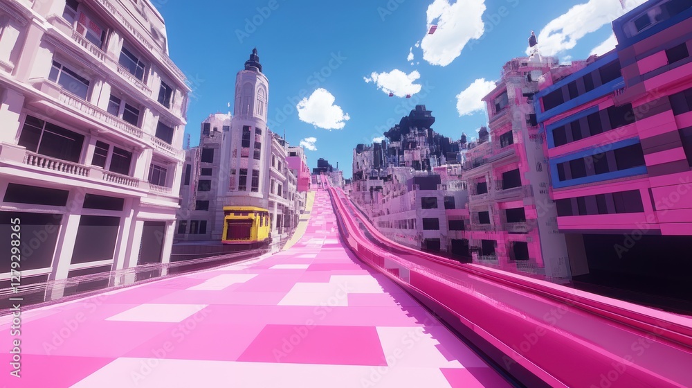 Obraz premium Pink Cityscape Ascending Tramway Scenic View