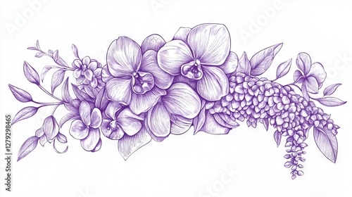 Hand-drawn purple clipart featuring violet flowers like wisteria, orchid, and rose with a bow isolated on a white background.