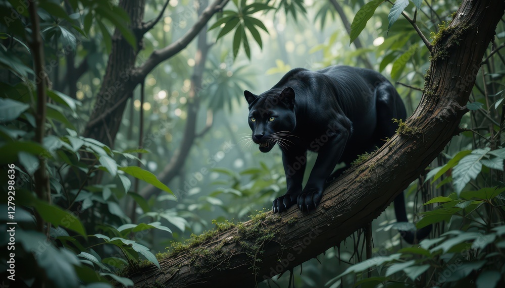 Obraz premium Majestic Black Panther Stalking Through Lush Green Jungle Habitat