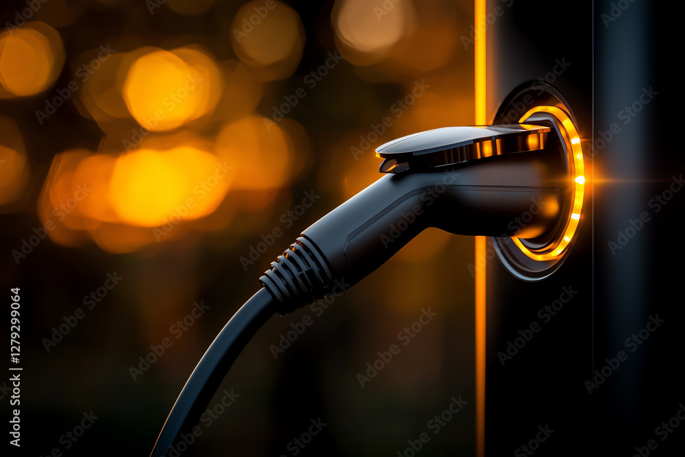 Charging point with electric vehicle connector glowing at sunset
