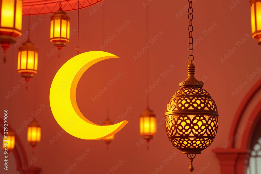 Golden Crescent Moon and Lanterns with Candles - Islamic Decor Golden Crescent Moon and Lanterns with Candles - Islamic Decor
