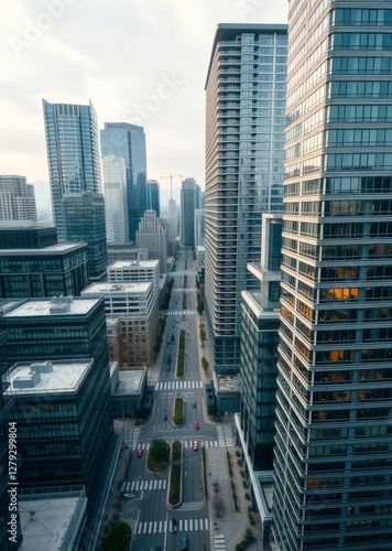 Aerial view of modern glass and steel skyscrapers and empty city streets in downtown vancouver canada skyscraper city building skyscraper downtown business architecture cityscape