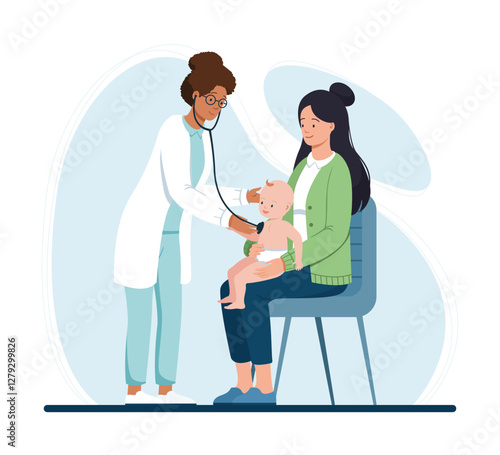 Pediatrician Examines Baby on a Mothers Lap.