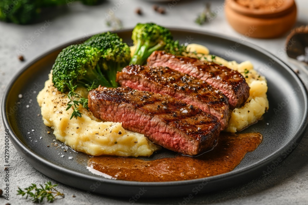 Seared steak with potato puree and broccoli a delicious dinner plate of juicy rare beef in sauce Seared steak with potato puree and broccoli a delicious dinner plate of juicy rare beef in sauce