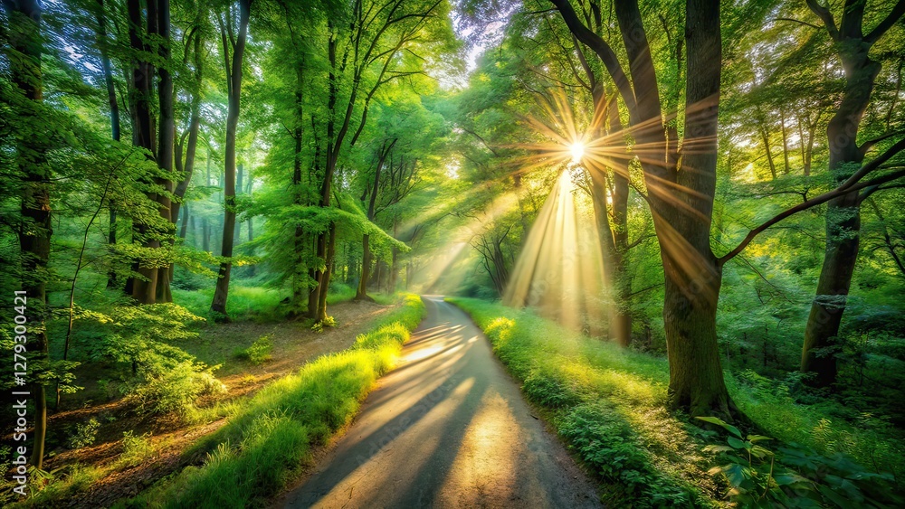Fototapeta premium Tranquil Forest Path, Soft Sunlight, Long Exposure