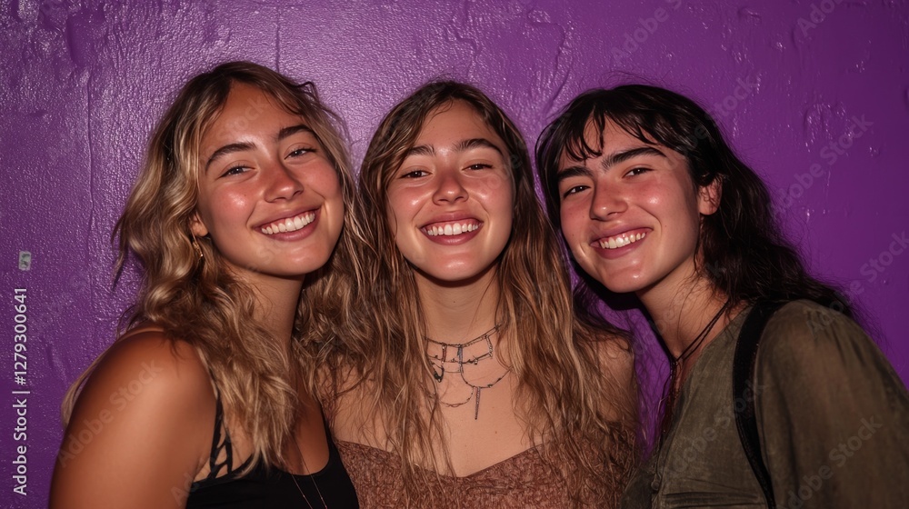 Obraz premium Three close friends smiling happily while posing for a photo. They are standing against a purple backdrop, enjoying their time together.