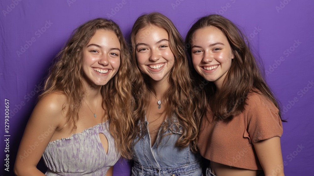 Three close friends smiling happily while posing for a photo. They are standing against a purple backdrop, enjoying their time together. Three close friends smiling happily while posing for a photo. They are standing against a purple backdrop, enjoying their time together.