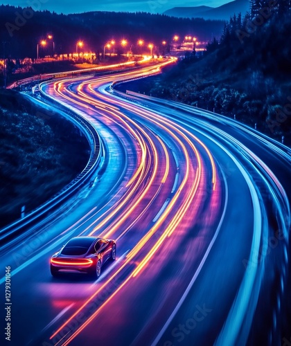High-speed autonomous vehicle with dynamic light trails on a highway, representing the concept of futuristic transportation and electric vehicles