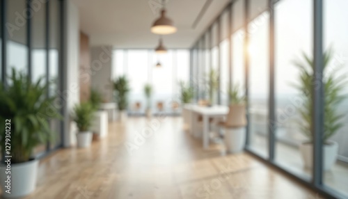 Blurred open space office interior. Modern design features wood floor and table with green plants. Window view. AI generated background. White abstract room.