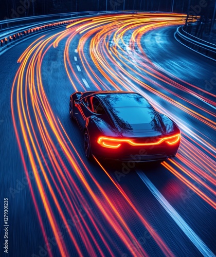 High-speed autonomous vehicle with dynamic light trails on a highway, representing the concept of futuristic transportation and electric vehicles