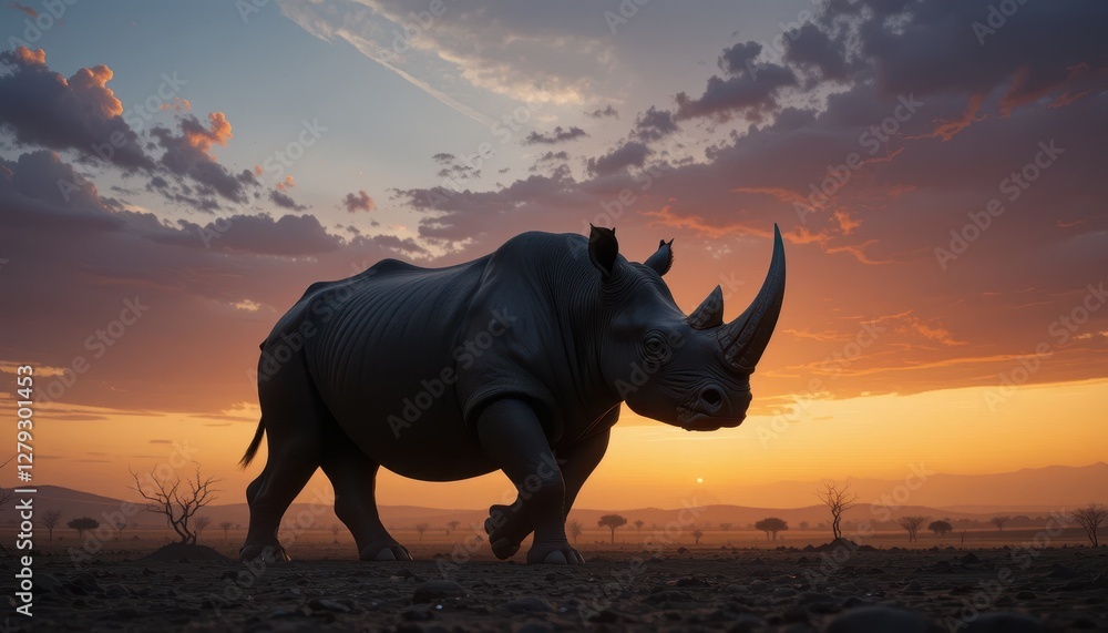 Fototapeta premium Majestic Rhinoceros Walking in Sunset Across African Landscape