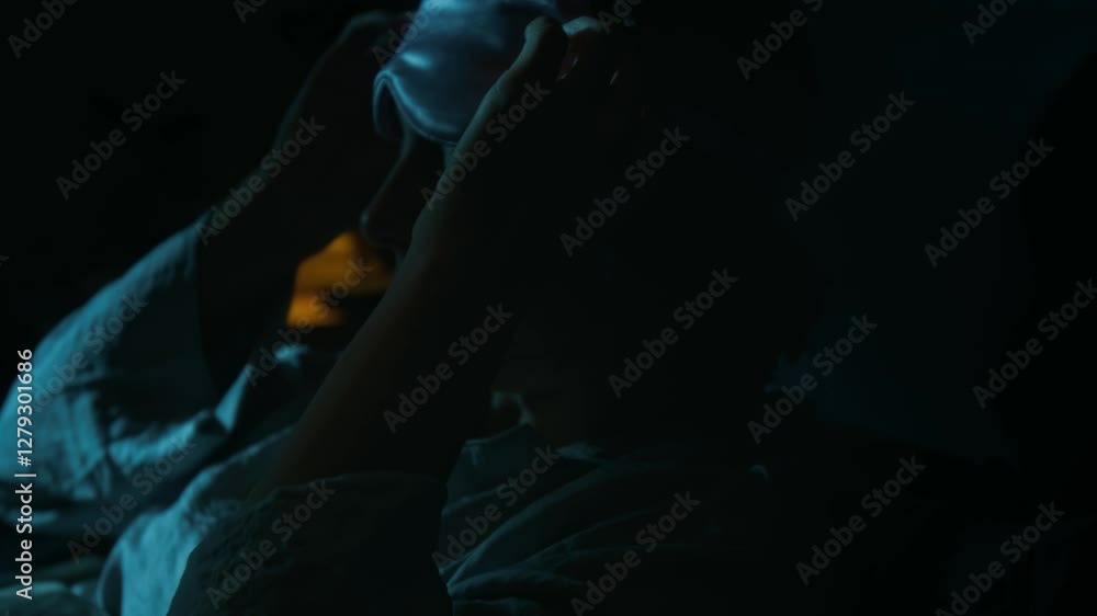 Close-up shot of young woman with dark short hair putting on sleeping mask before falling asleep in her comfy bed in modern bedroom Close-up shot of young woman with dark short hair putting on sleeping mask before falling asleep in her comfy bed in modern bedroom