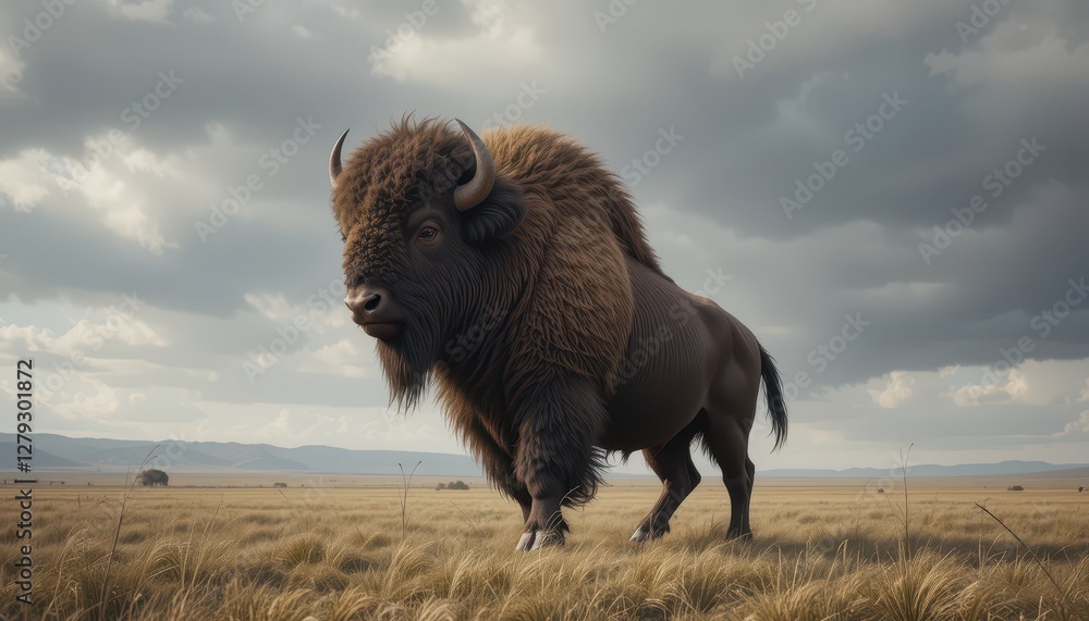 Fototapeta premium Majestic Bison Standing Amidst Open Prairie Under Dramatic Clouds