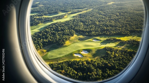 Stunning Aerial View of Green Golf Course Nestled Among Dense Trees During Golden Hour
