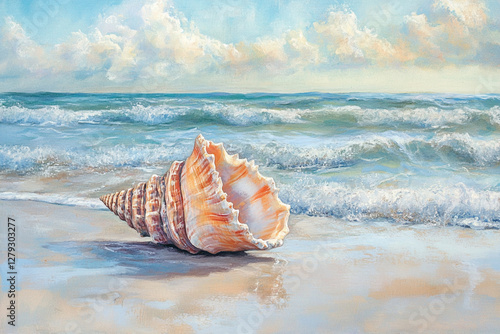 Conch Shell Resting on Sandy Beach with Gentle Ocean Waves