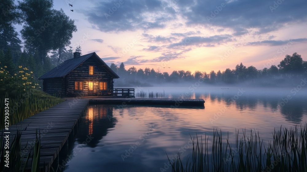 Tranquil Lakeside Cabin at Dawn Surrounded by Misty Forests Tranquil Lakeside Cabin at Dawn Surrounded by Misty Forests
