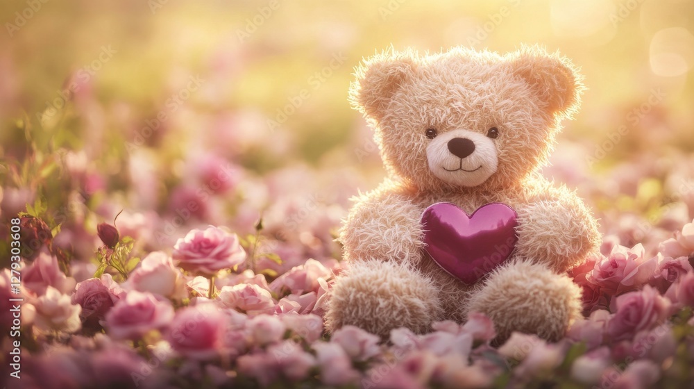 Fototapeta premium Adorable Teddy Bear Surrounded by Colorful Roses in Soft Light