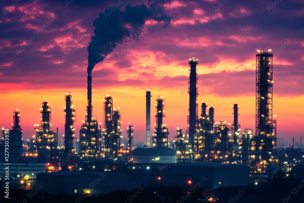 Fototapeta premium Silhouetted cranes and building frames against a vibrant dusk sky in an industrial landscape