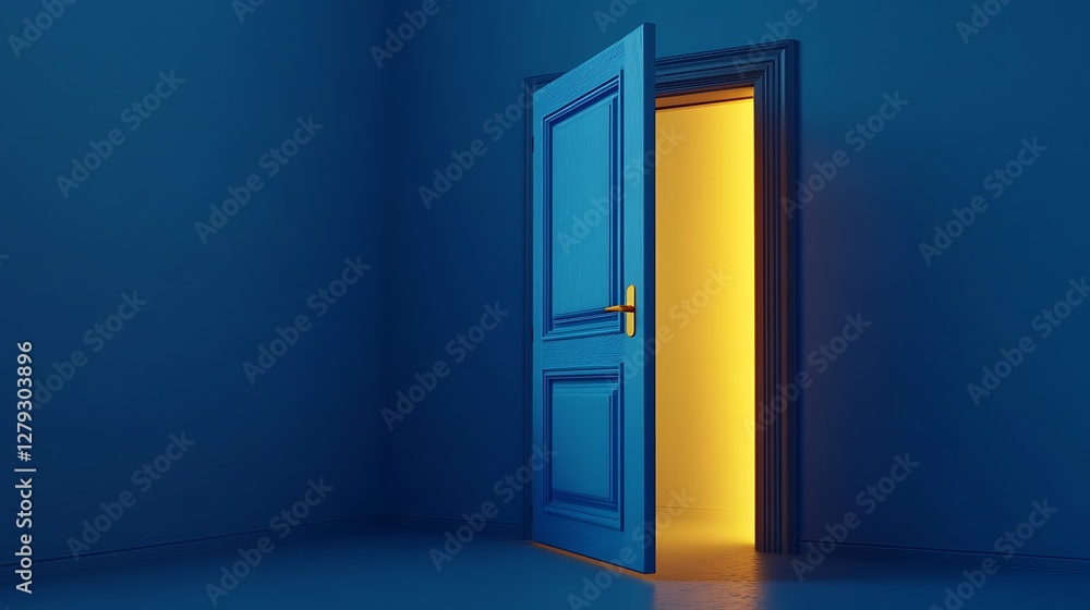 Open blue door revealing bright yellow light. Open blue door revealing bright yellow light.