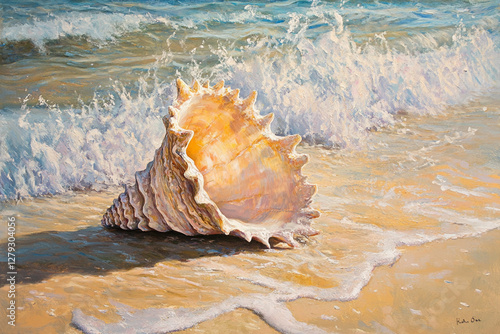 Beautiful Conch Shell on a Sandy Beach with Gentle Ocean Waves