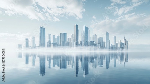 Serene Cityscape Reflection in Calm Water Under Dreamy Sky