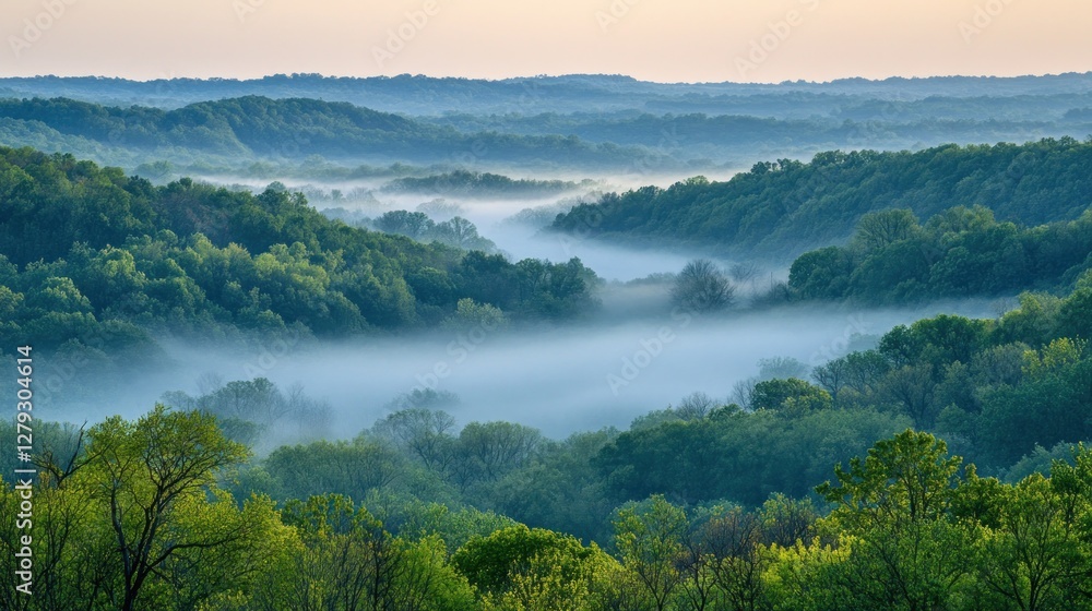 Obraz premium Misty Morning Valley Lush Green Forested Hills