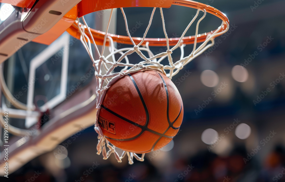 A basketball elegantly passes through the hoop's net, celebrating a successful shot during a game A basketball elegantly passes through the hoop's net, celebrating a successful shot during a game